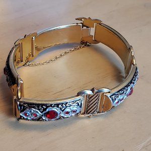 7" Gold Tone Red Rhinestone Safety Clasp Bracelet